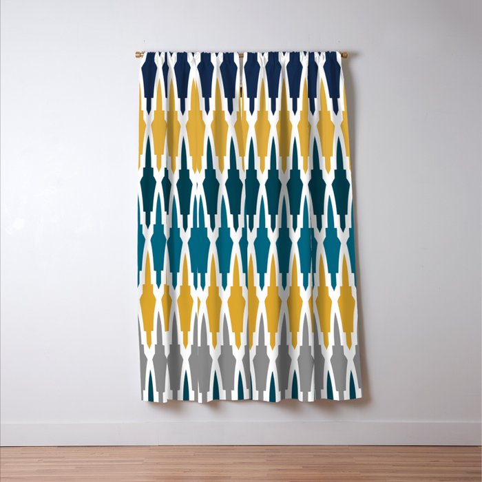Boho, Geometric Pattern, Blue, Teal, Yellow and Gray Window Curtain Gallery Image 3