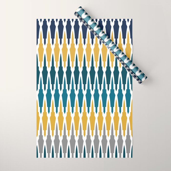 Boho, Geometric Pattern, Blue, Teal, Yellow and Gray Wrapping Paper Gallery Image 1