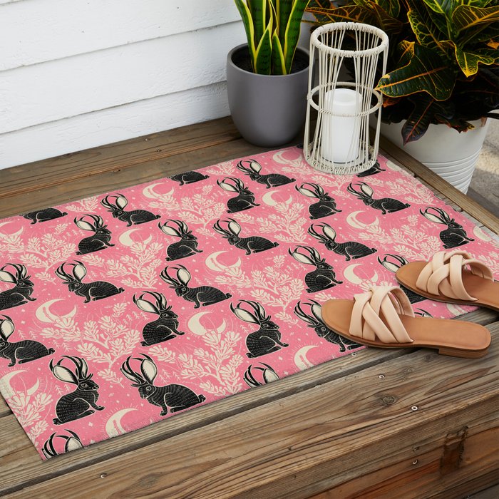 Jackalope - pink and black Outdoor Rug Gallery Image 2