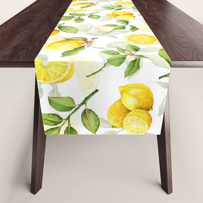 mediterranean summer lemon branches on white Table Runner Gallery Image 1