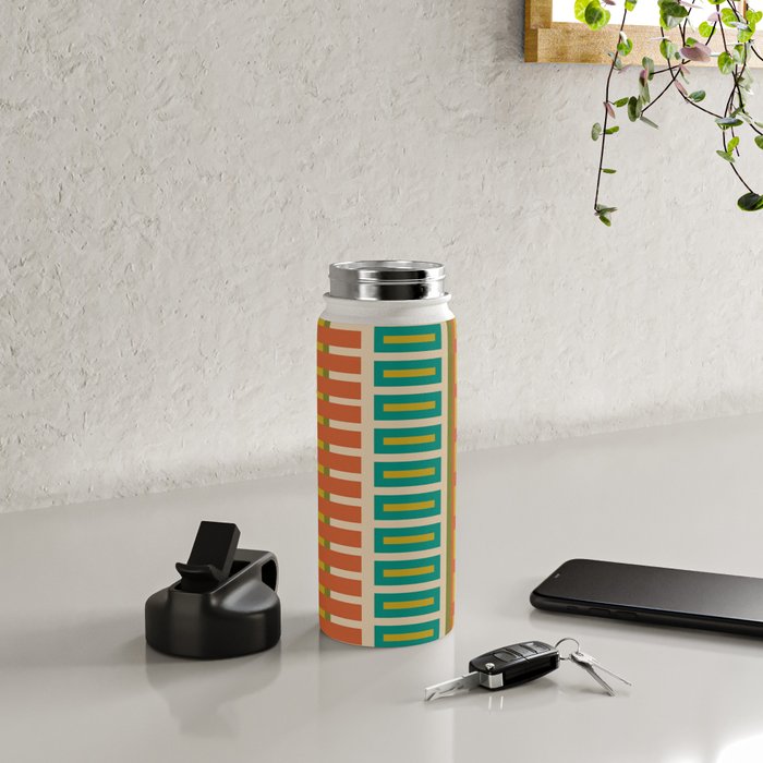 Mid Century Modern Block Stripes Vertical Pattern in Muted Retro Olive, Turquoise Teal, Mustard, Spiced Orange, and Beige  Water Bottle Gallery Image 4