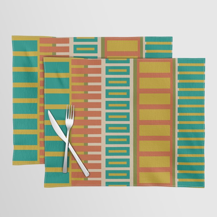 Mid Century Modern Block Stripes Vertical Pattern in Muted Retro Olive, Turquoise Teal, Mustard, Spiced Orange, and Beige  Placemat Gallery Image 1