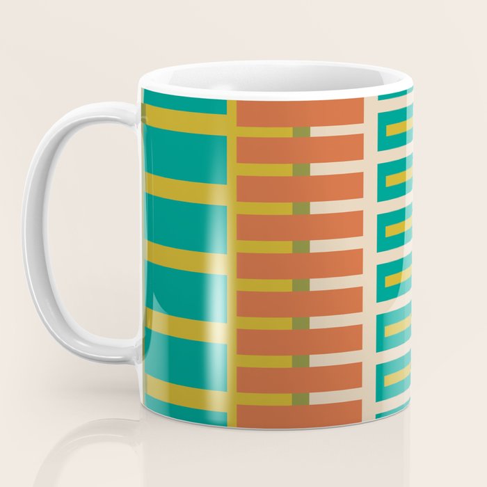 Mid Century Modern Block Stripes Vertical Pattern in Muted Retro Olive, Turquoise Teal, Mustard, Spiced Orange, and Beige  Coffee Mug Gallery Image 3