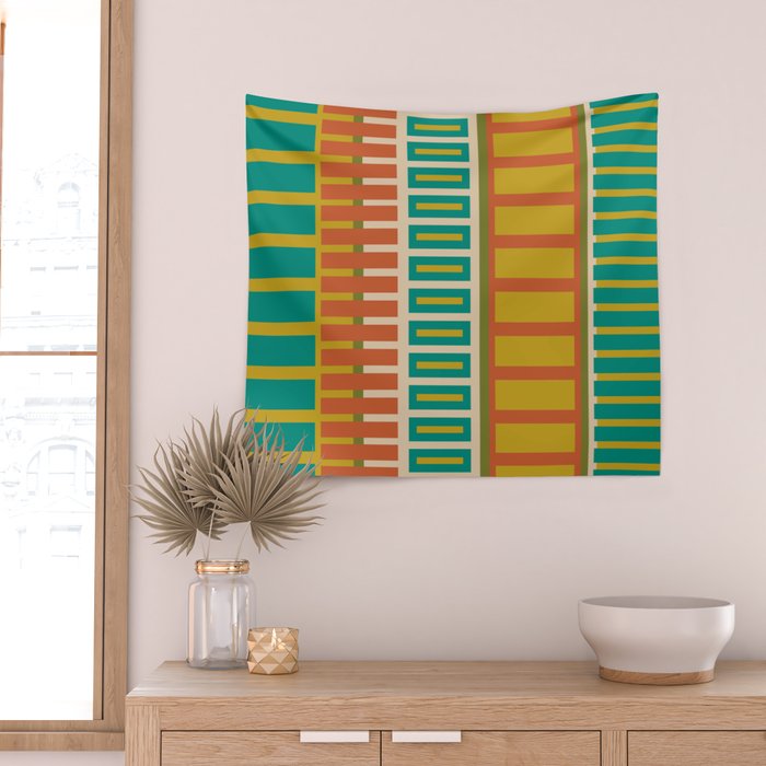 Mid Century Modern Block Stripes Vertical Pattern in Muted Retro Olive, Turquoise Teal, Mustard, Spiced Orange, and Beige  Wall Tapestry Gallery Image 2