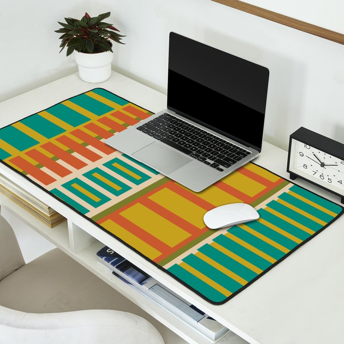 Mid Century Modern Block Stripes Vertical Pattern in Muted Retro Olive, Turquoise Teal, Mustard, Spiced Orange, and Beige  Desk Mat Gallery Image 2