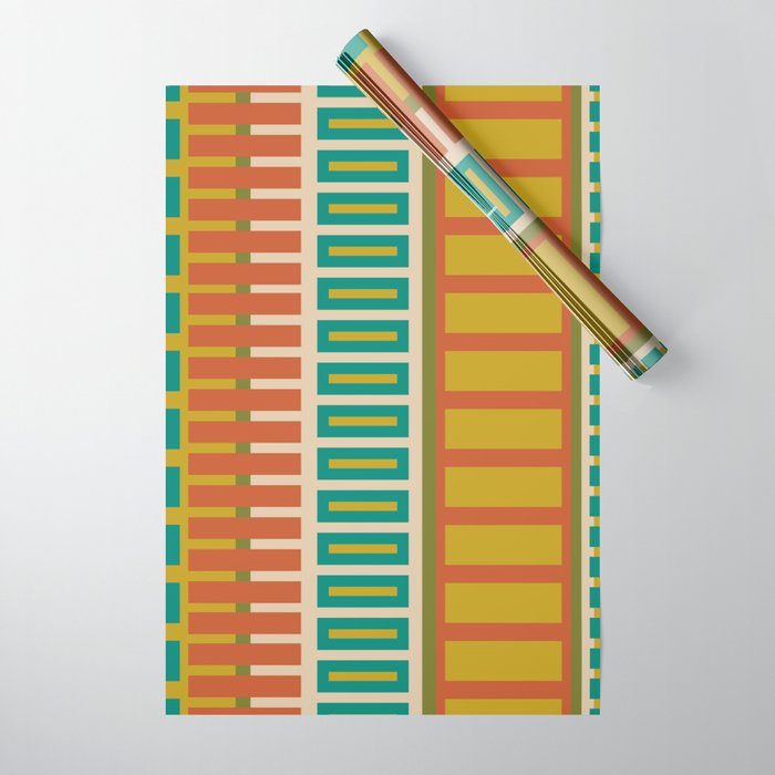 Mid Century Modern Block Stripes Vertical Pattern in Muted Retro Olive, Turquoise Teal, Mustard, Spiced Orange, and Beige  Wrapping Paper Gallery Image 1