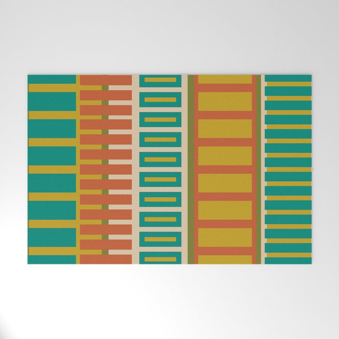 Mid Century Modern Block Stripes Vertical Pattern in Muted Retro Olive, Turquoise Teal, Mustard, Spiced Orange, and Beige  Welcome Mat Gallery Image 1