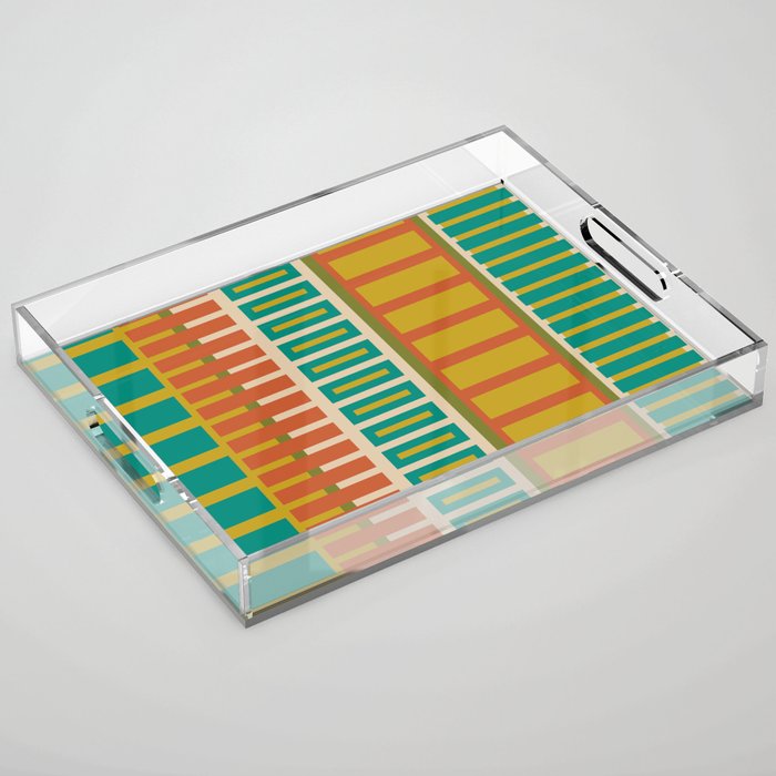 Mid Century Modern Block Stripes Vertical Pattern in Muted Retro Olive, Turquoise Teal, Mustard, Spiced Orange, and Beige  Acrylic Tray Gallery Image 1