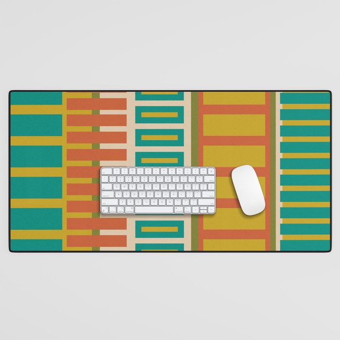 Mid Century Modern Block Stripes Vertical Pattern in Muted Retro Olive, Turquoise Teal, Mustard, Spiced Orange, and Beige  Desk Mat Gallery Image 1