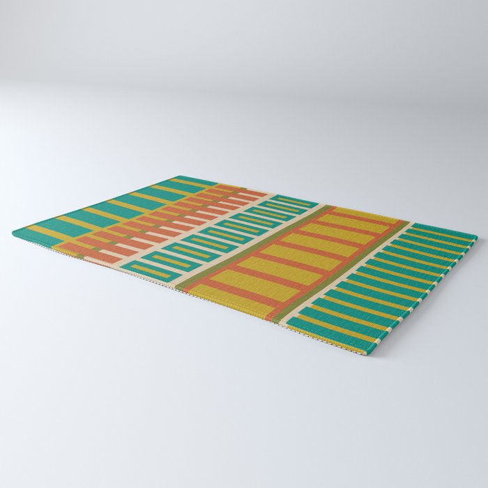 Mid Century Modern Block Stripes Vertical Pattern in Muted Retro Olive, Turquoise Teal, Mustard, Spiced Orange, and Beige  Rug Gallery Image 3