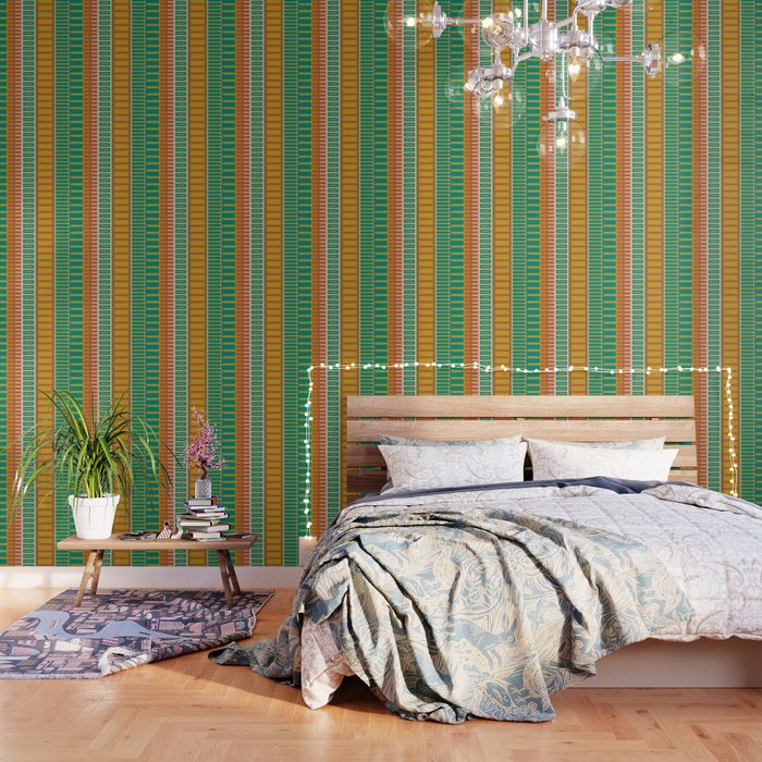 Mid Century Modern Block Stripes Vertical Pattern in Muted Retro Olive, Turquoise Teal, Mustard, Spiced Orange, and Beige  Wallpaper Gallery Image 3