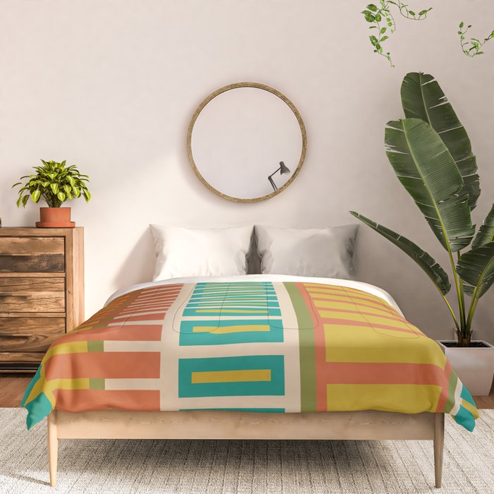 Mid Century Modern Block Stripes Vertical Pattern in Muted Retro Olive, Turquoise Teal, Mustard, Spiced Orange, and Beige  Comforter Gallery Image 3