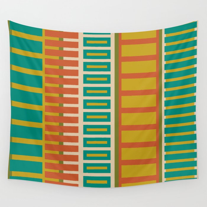 Mid Century Modern Block Stripes Vertical Pattern in Muted Retro Olive, Turquoise Teal, Mustard, Spiced Orange, and Beige  Wall Tapestry Gallery Image 4