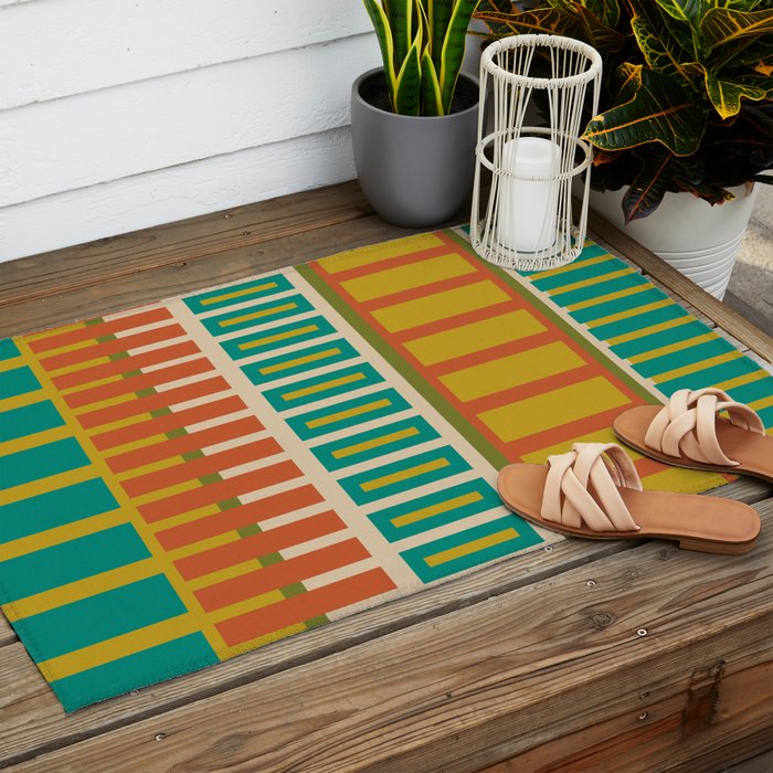 Mid Century Modern Block Stripes Vertical Pattern in Muted Retro Olive, Turquoise Teal, Mustard, Spiced Orange, and Beige  Outdoor Rug Gallery Image 2