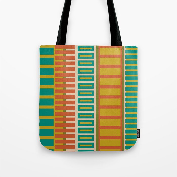 Mid Century Modern Block Stripes Vertical Pattern in Muted Retro Olive, Turquoise Teal, Mustard, Spiced Orange, and Beige  Tote Bag Gallery Image 1
