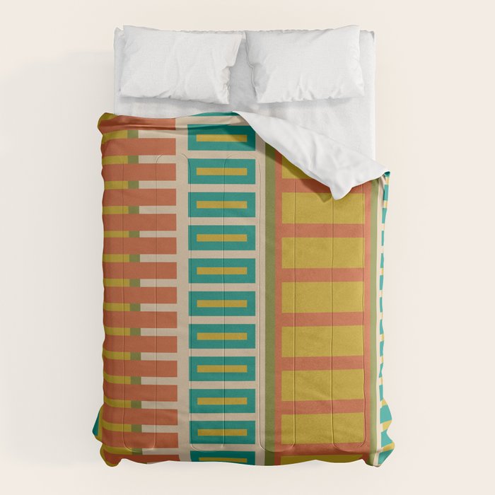 Mid Century Modern Block Stripes Vertical Pattern in Muted Retro Olive, Turquoise Teal, Mustard, Spiced Orange, and Beige  Comforter Gallery Image 6