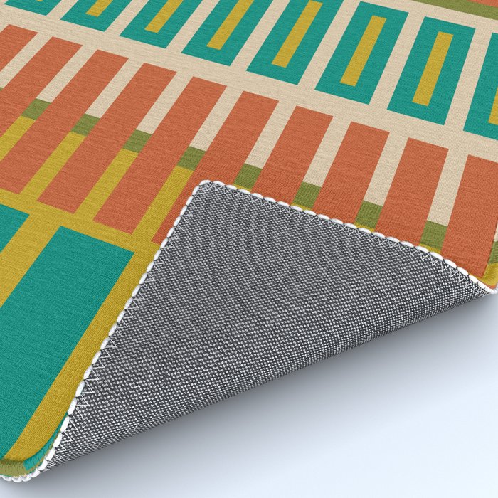 Mid Century Modern Block Stripes Vertical Pattern in Muted Retro Olive, Turquoise Teal, Mustard, Spiced Orange, and Beige  Rug Gallery Image 4