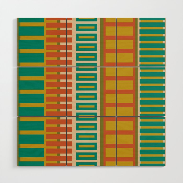 Mid Century Modern Block Stripes Vertical Pattern in Muted Retro Olive, Turquoise Teal, Mustard, Spiced Orange, and Beige  Wood Wall Art Gallery Image 1