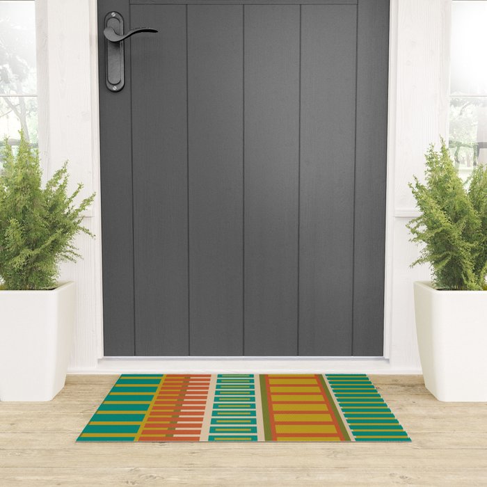 Mid Century Modern Block Stripes Vertical Pattern in Muted Retro Olive, Turquoise Teal, Mustard, Spiced Orange, and Beige  Welcome Mat Gallery Image 3