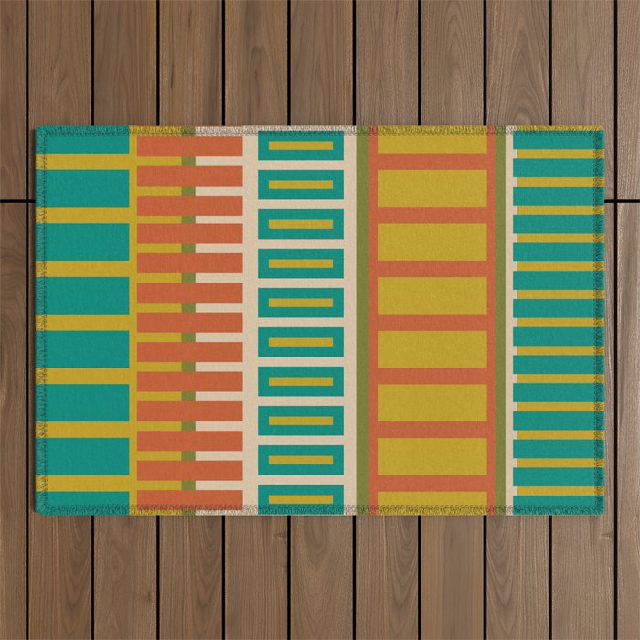 Mid Century Modern Block Stripes Vertical Pattern in Muted Retro Olive, Turquoise Teal, Mustard, Spiced Orange, and Beige  Outdoor Rug Gallery Image 1