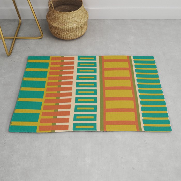 Mid Century Modern Block Stripes Vertical Pattern in Muted Retro Olive, Turquoise Teal, Mustard, Spiced Orange, and Beige  Rug Gallery Image 1