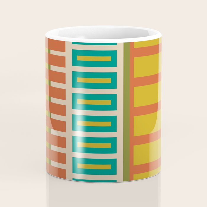 Mid Century Modern Block Stripes Vertical Pattern in Muted Retro Olive, Turquoise Teal, Mustard, Spiced Orange, and Beige  Coffee Mug Gallery Image 4