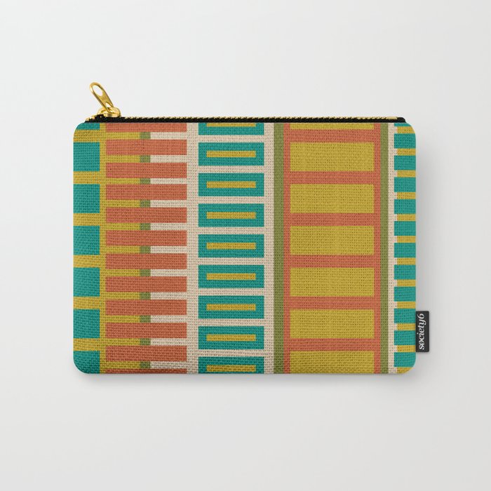 Mid Century Modern Block Stripes Vertical Pattern in Muted Retro Olive, Turquoise Teal, Mustard, Spiced Orange, and Beige  Carry All Pouch Gallery Image 1