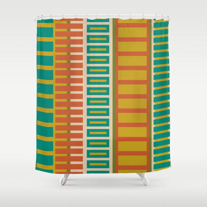Mid Century Modern Block Stripes Vertical Pattern in Muted Retro Olive, Turquoise Teal, Mustard, Spiced Orange, and Beige  Shower Curtain Gallery Image 1