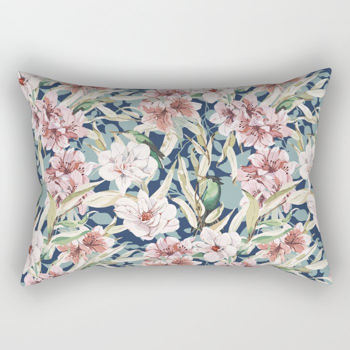 Birds in lush night garden flowers Rectangular Pillow Gallery Image 2