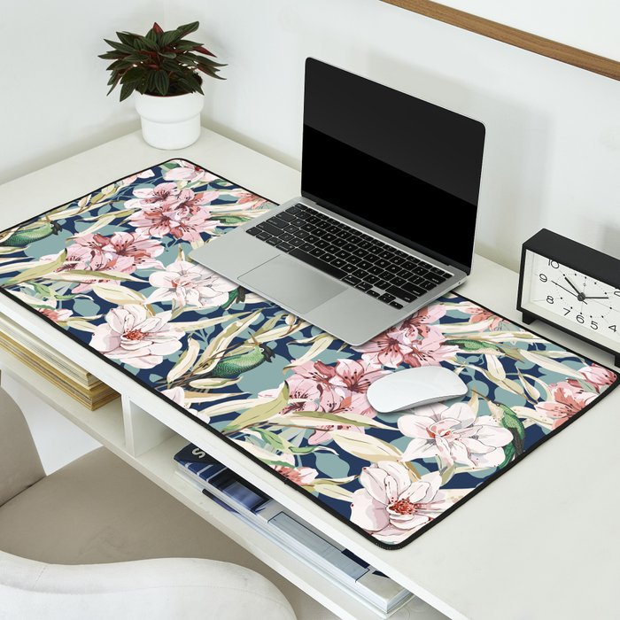 Birds in lush night garden flowers Desk Mat Gallery Image 2