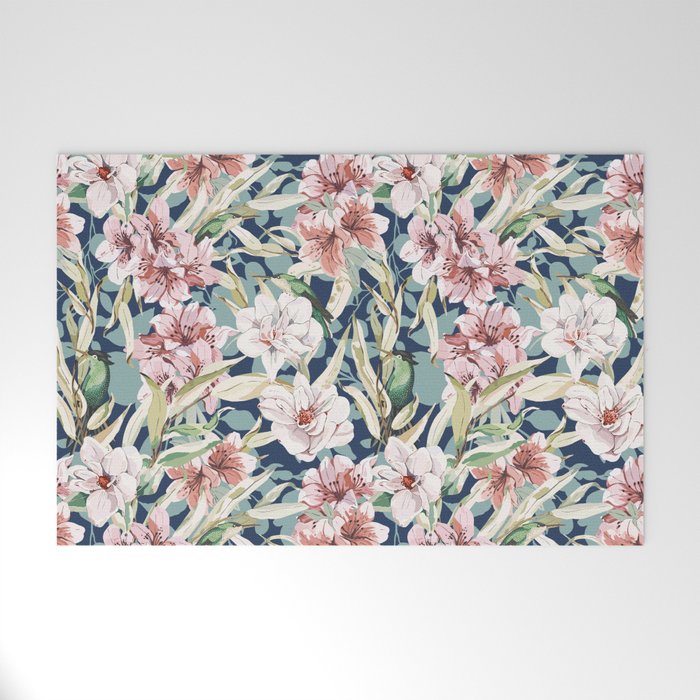 Birds in lush night garden flowers Welcome Mat Gallery Image 1