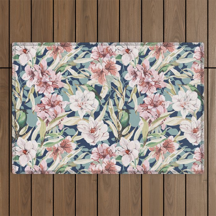 Birds in lush night garden flowers Outdoor Rug Gallery Image 1