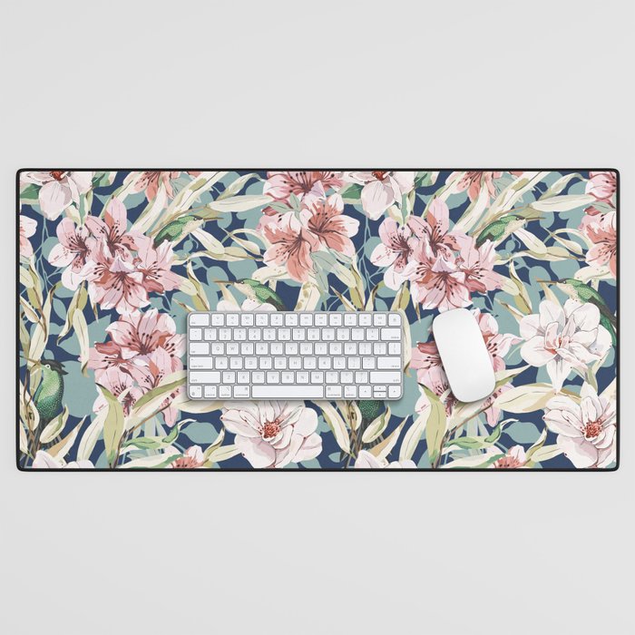 Birds in lush night garden flowers Desk Mat Gallery Image 1