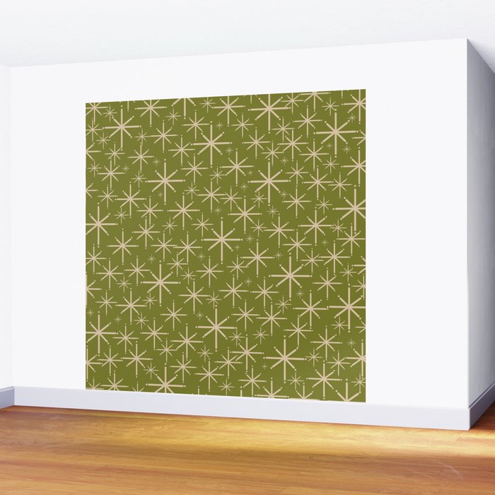 Retro Atomic Twinkling Starburst Pattern in Midcentury Modern Olive Green and Beige Wall Mural Gallery Image 2