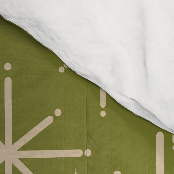 Retro Atomic Twinkling Starburst Pattern in Midcentury Modern Olive Green and Beige Comforter Gallery Image 4