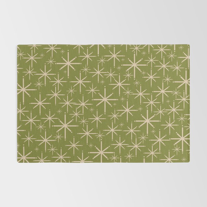 Retro Atomic Twinkling Starburst Pattern in Midcentury Modern Olive Green and Beige Rug Gallery Image 2