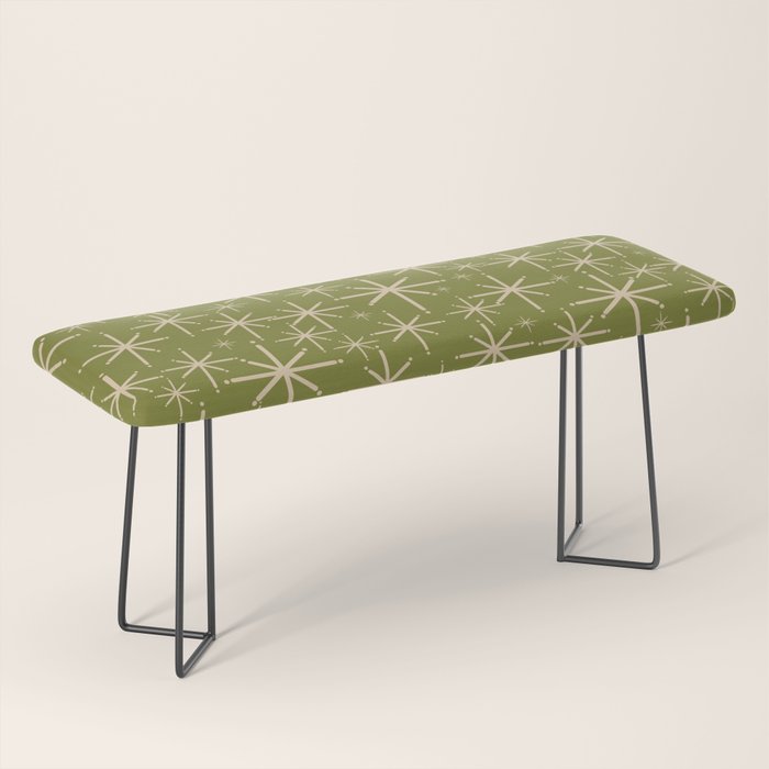 Retro Atomic Twinkling Starburst Pattern in Midcentury Modern Olive Green and Beige Bench Gallery Image 1