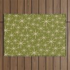 Retro Atomic Twinkling Starburst Pattern in Midcentury Modern Olive Green and Beige Outdoor Rug Gallery Image 1
