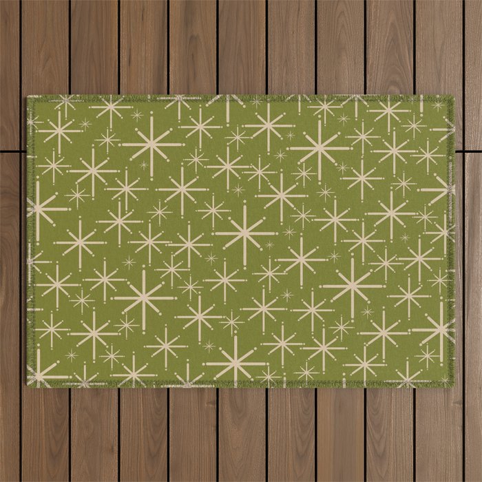 Retro Atomic Twinkling Starburst Pattern in Midcentury Modern Olive Green and Beige Outdoor Rug Gallery Image 1