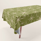 Retro Atomic Twinkling Starburst Pattern in Midcentury Modern Olive Green and Beige Tablecloth Gallery Image 1