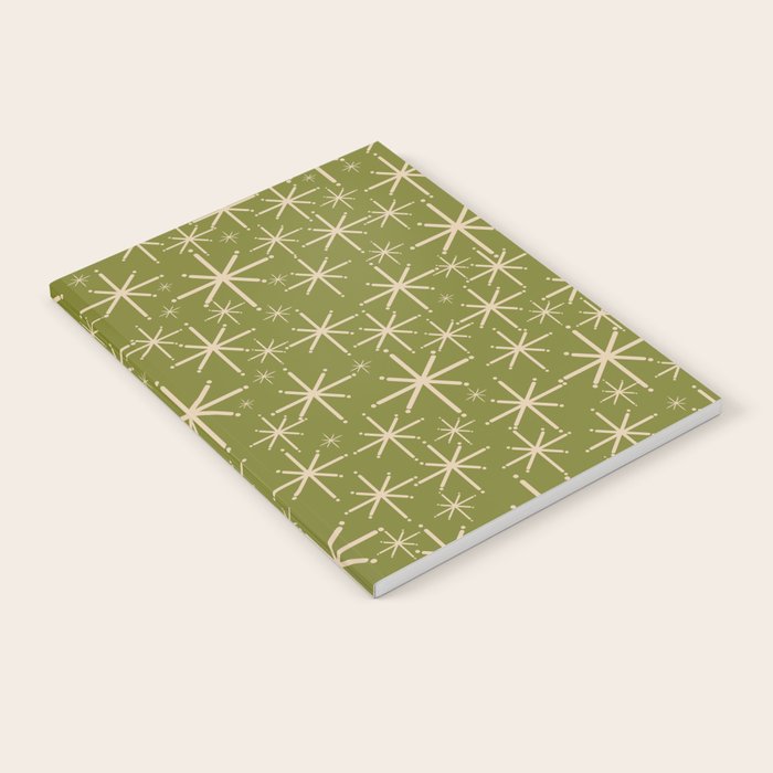 Retro Atomic Twinkling Starburst Pattern in Midcentury Modern Olive Green and Beige Notebook Gallery Image 2