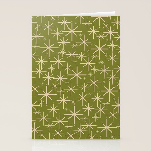 Retro Atomic Twinkling Starburst Pattern in Midcentury Modern Olive Green and Beige Stationery Card Gallery Image 1