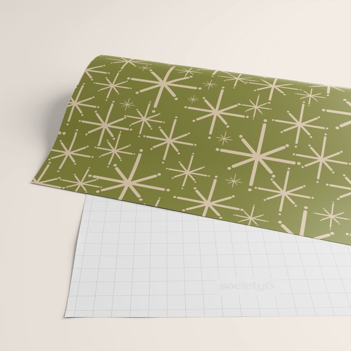 Retro Atomic Twinkling Starburst Pattern in Midcentury Modern Olive Green and Beige Wrapping Paper Gallery Image 2