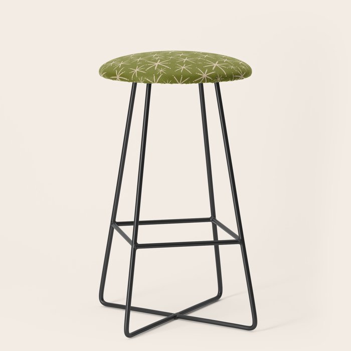 Retro Atomic Twinkling Starburst Pattern in Midcentury Modern Olive Green and Beige Stool Gallery Image 1