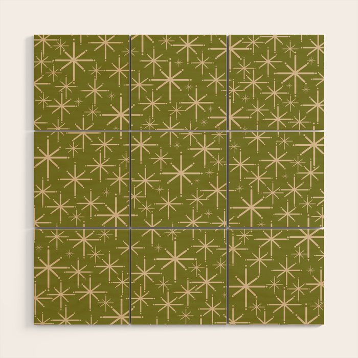 Retro Atomic Twinkling Starburst Pattern in Midcentury Modern Olive Green and Beige Wood Wall Art Gallery Image 1