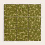 Retro Atomic Twinkling Starburst Pattern in Midcentury Modern Olive Green and Beige Wood Wall Art Gallery Image 1