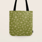 Retro Atomic Twinkling Starburst Pattern in Midcentury Modern Olive Green and Beige Tote Bag Gallery Image 1