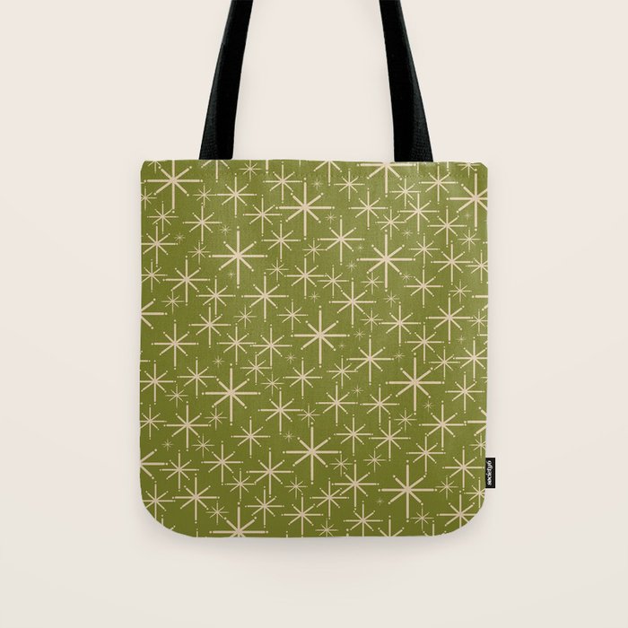 Retro Atomic Twinkling Starburst Pattern in Midcentury Modern Olive Green and Beige Tote Bag Gallery Image 1