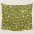 Retro Atomic Twinkling Starburst Pattern in Midcentury Modern Olive Green and Beige Wall Tapestry Gallery Image 4