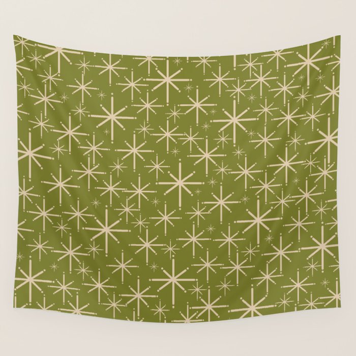 Retro Atomic Twinkling Starburst Pattern in Midcentury Modern Olive Green and Beige Wall Tapestry Gallery Image 4